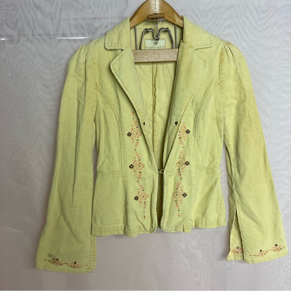 Vintage Blanc Noir kharma yellow corduroy jacket, floral embroidery
